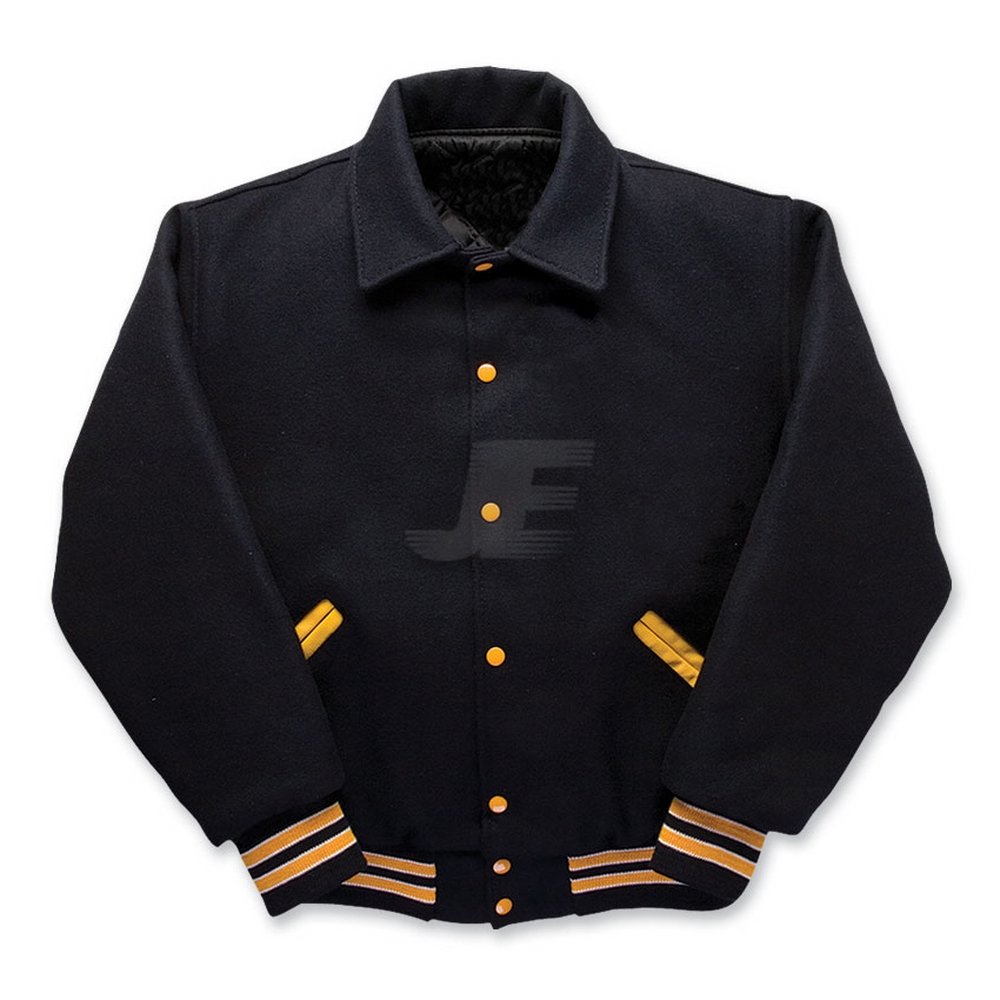 Contrast Button Baseball Black All Wool Letterman Varsity Jacket