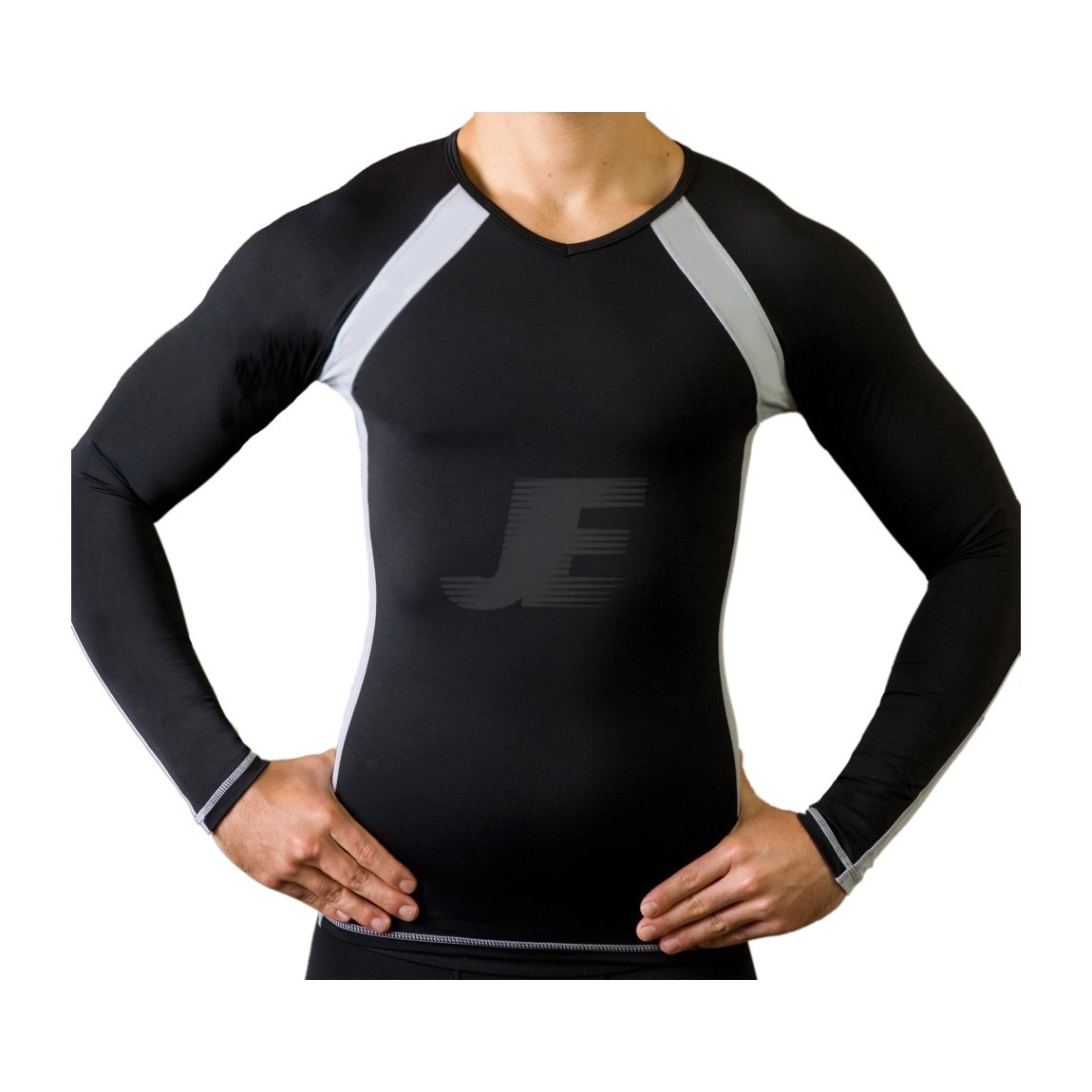 Mens Gym Wear Black & Grey Long Sleeve Fitted Rash Guard