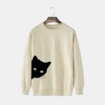 Cat Printed Solid Color Cotton Fleece Sweatshirt