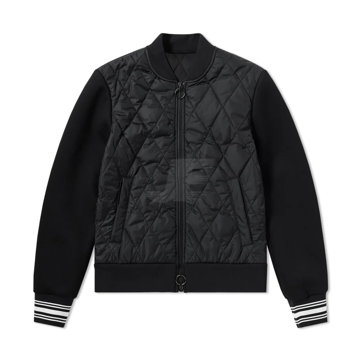 Front Zip Black Quilted Varsity Jacket with Fleece Sleeves